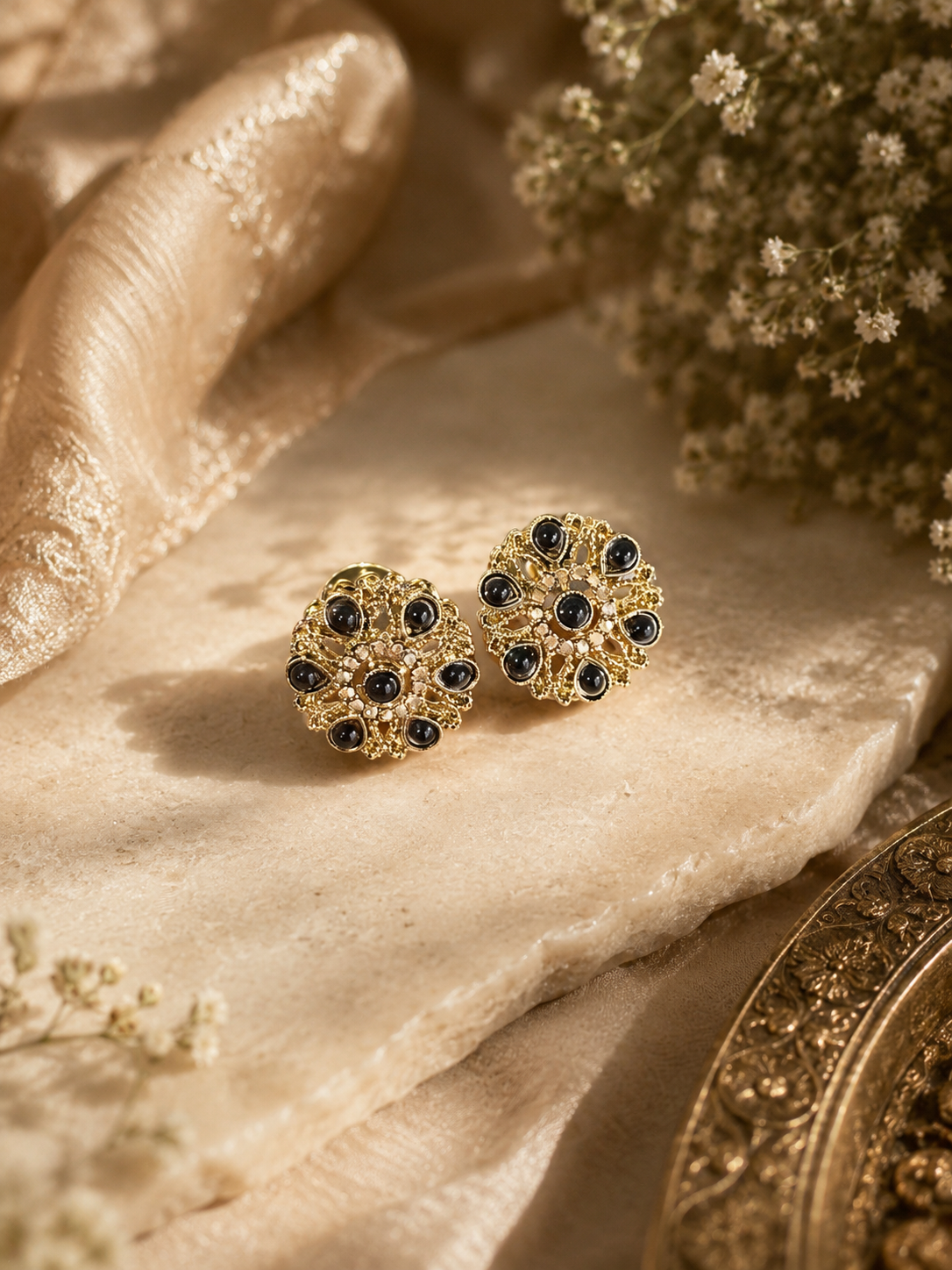 Traditional Gold-Plated Flower Kundan Stud Earrings for women