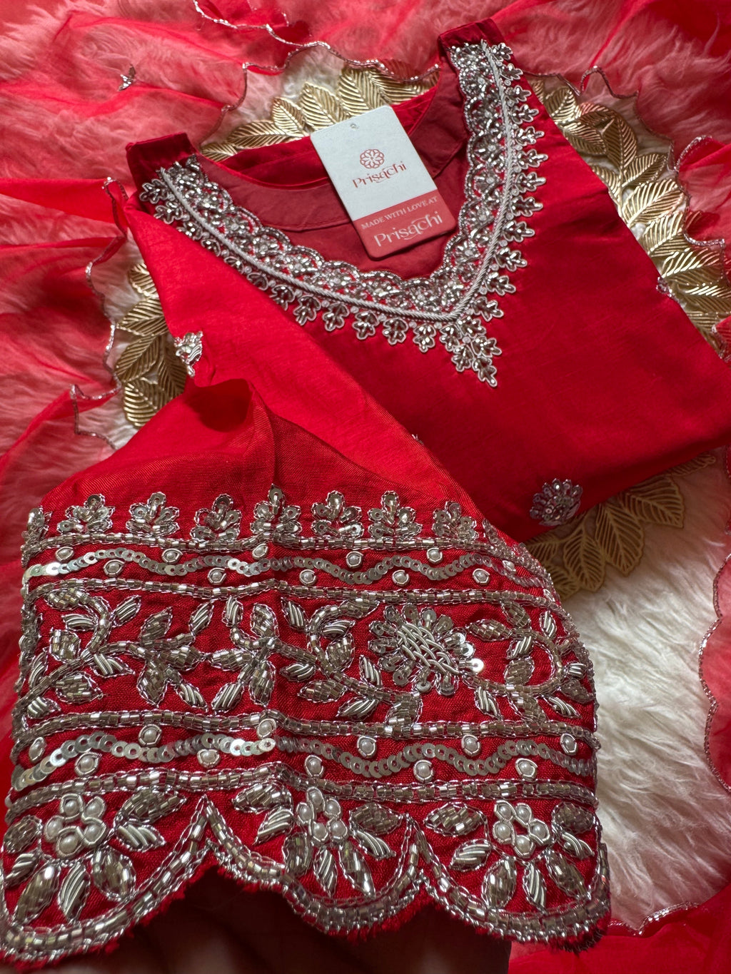 Red embroidered kurta Pant  with dupatta