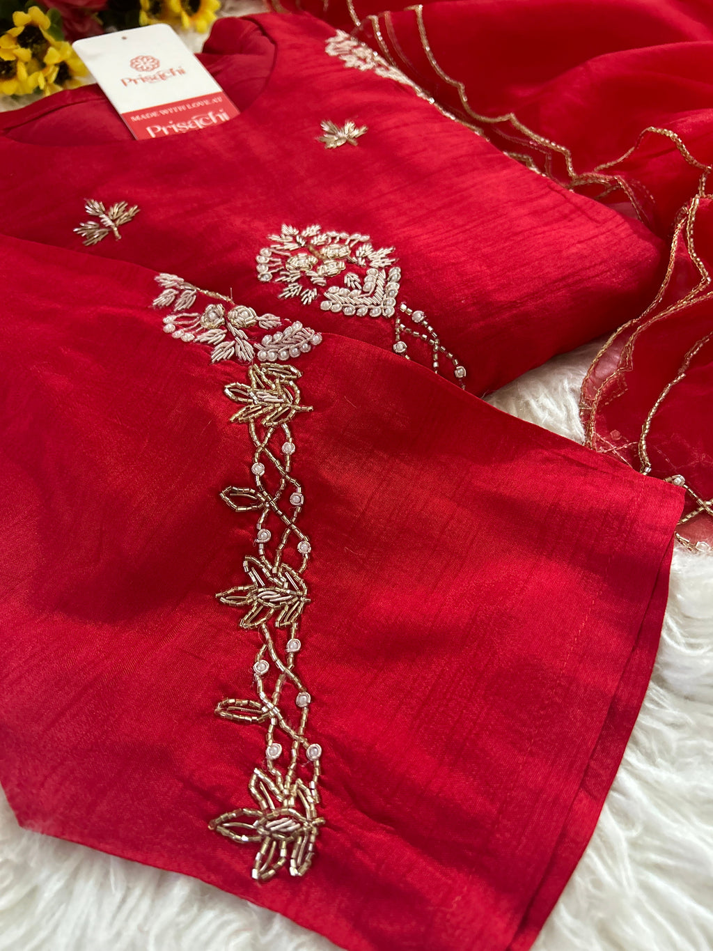Red Designer Embroidered kurta set with dupatta