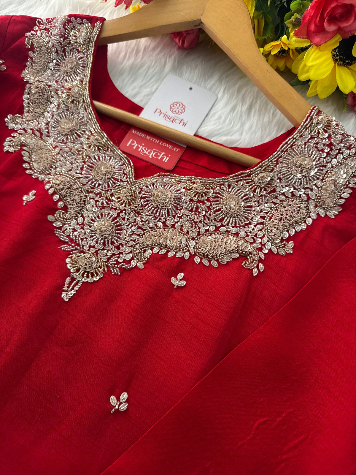 Red Embroidered kurta Pant with dupatta