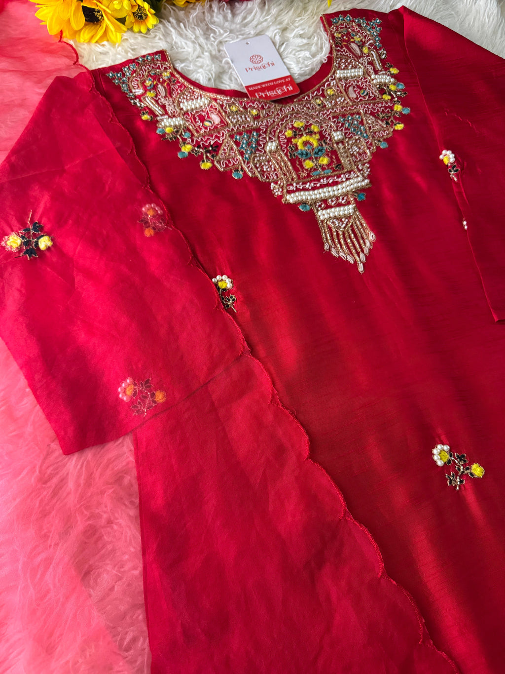Red embroidered kurta set with dupatta