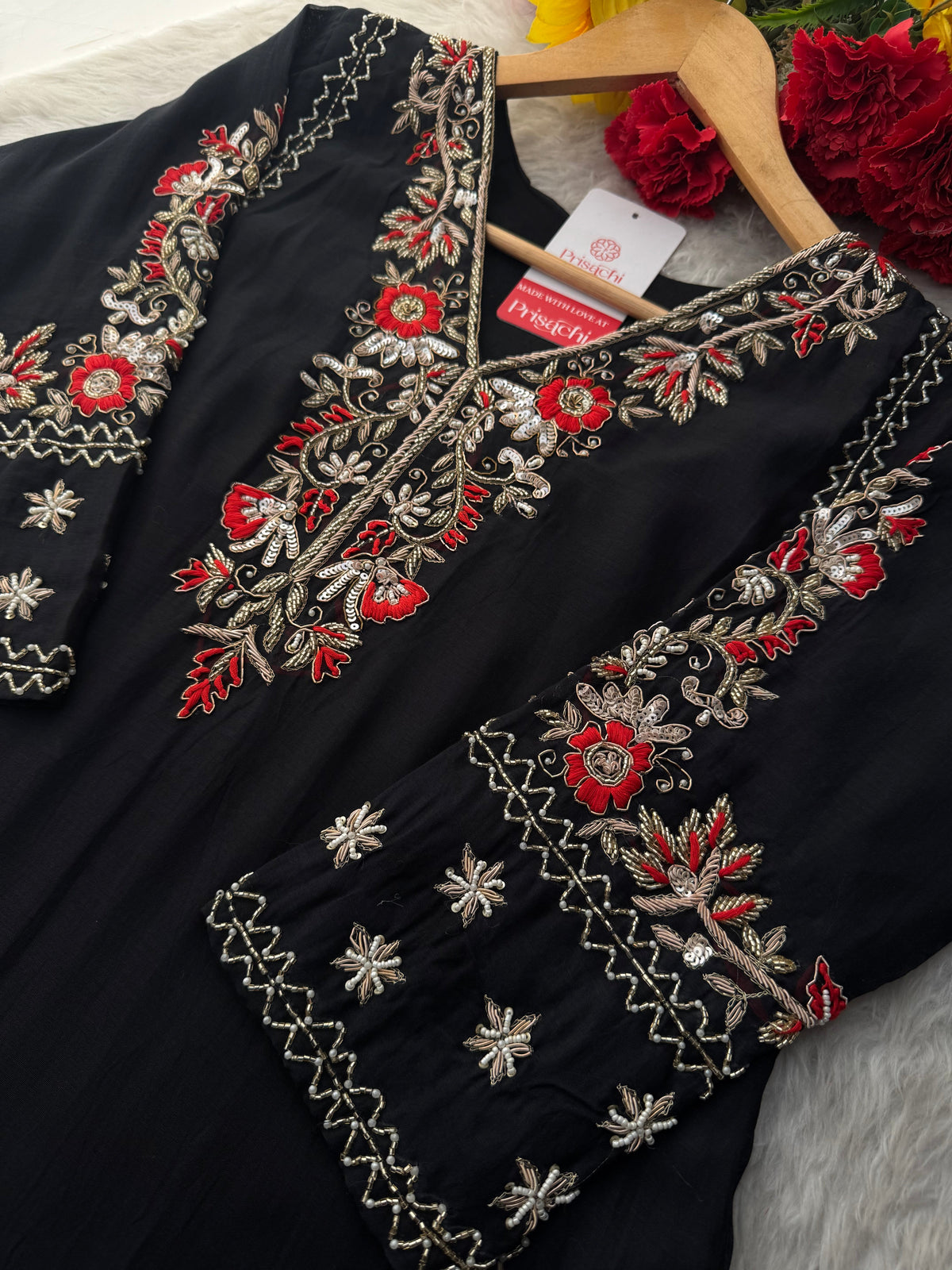 Black Embroidered Ethnic Kurta Set for Women with Pants & Dupatta