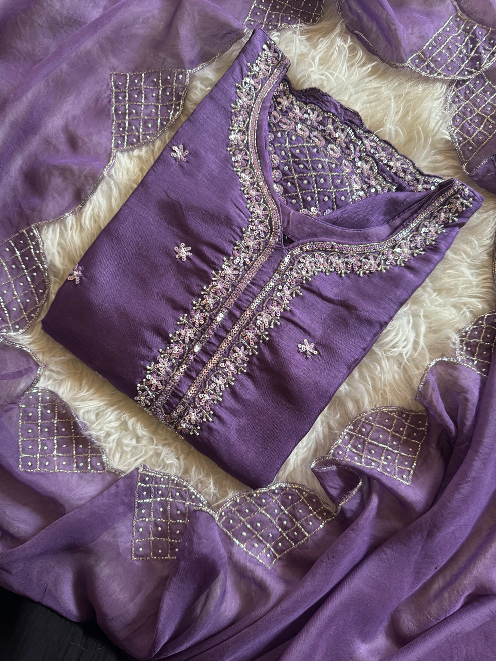 Purple Designer neck embroidered kurta set with dupatta