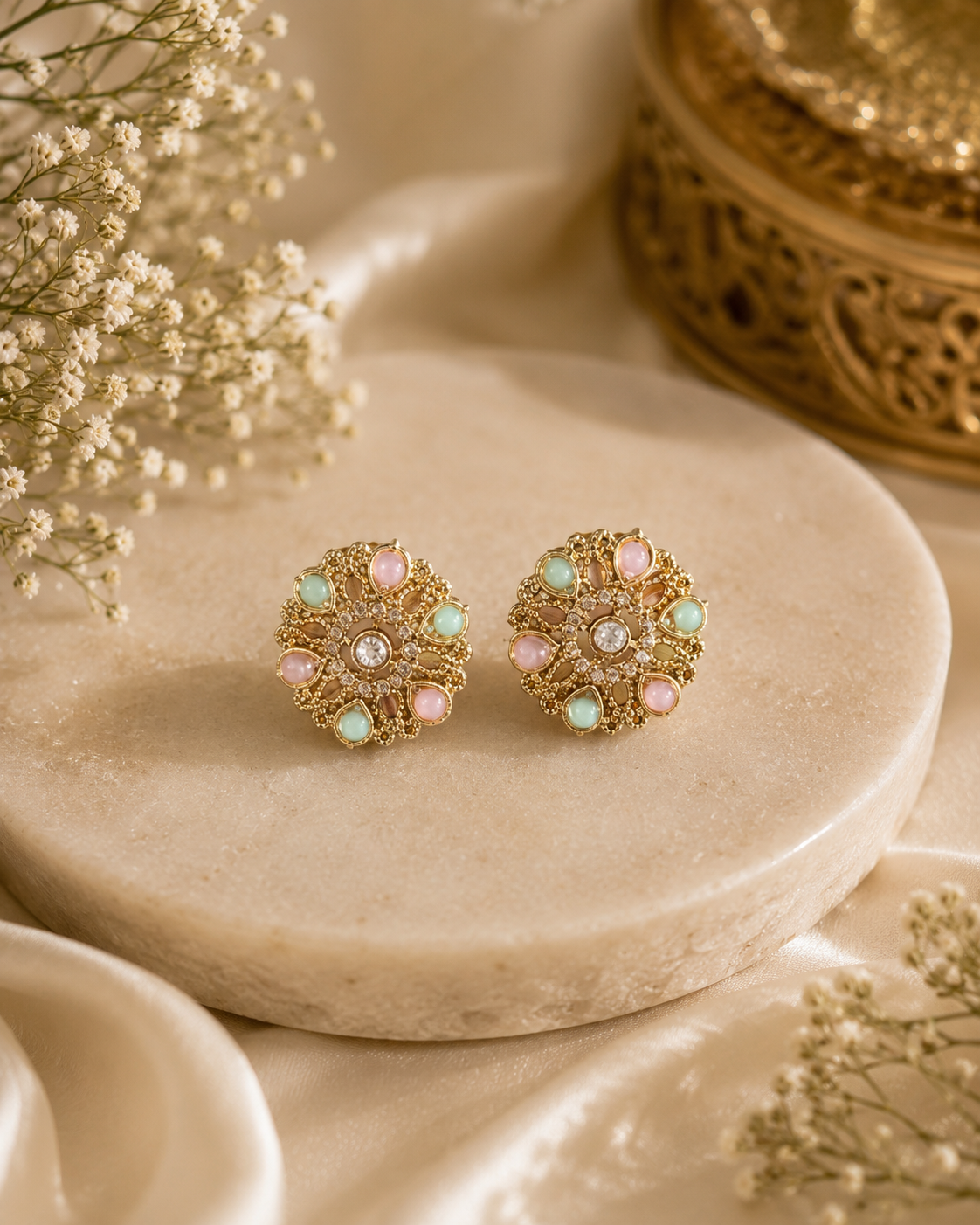 Traditional Gold-Plated Pink & Green Kundan Stud Earrings for Women