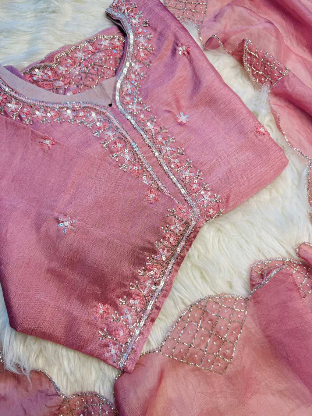 Pink neck embroidered kurta set with dupatta