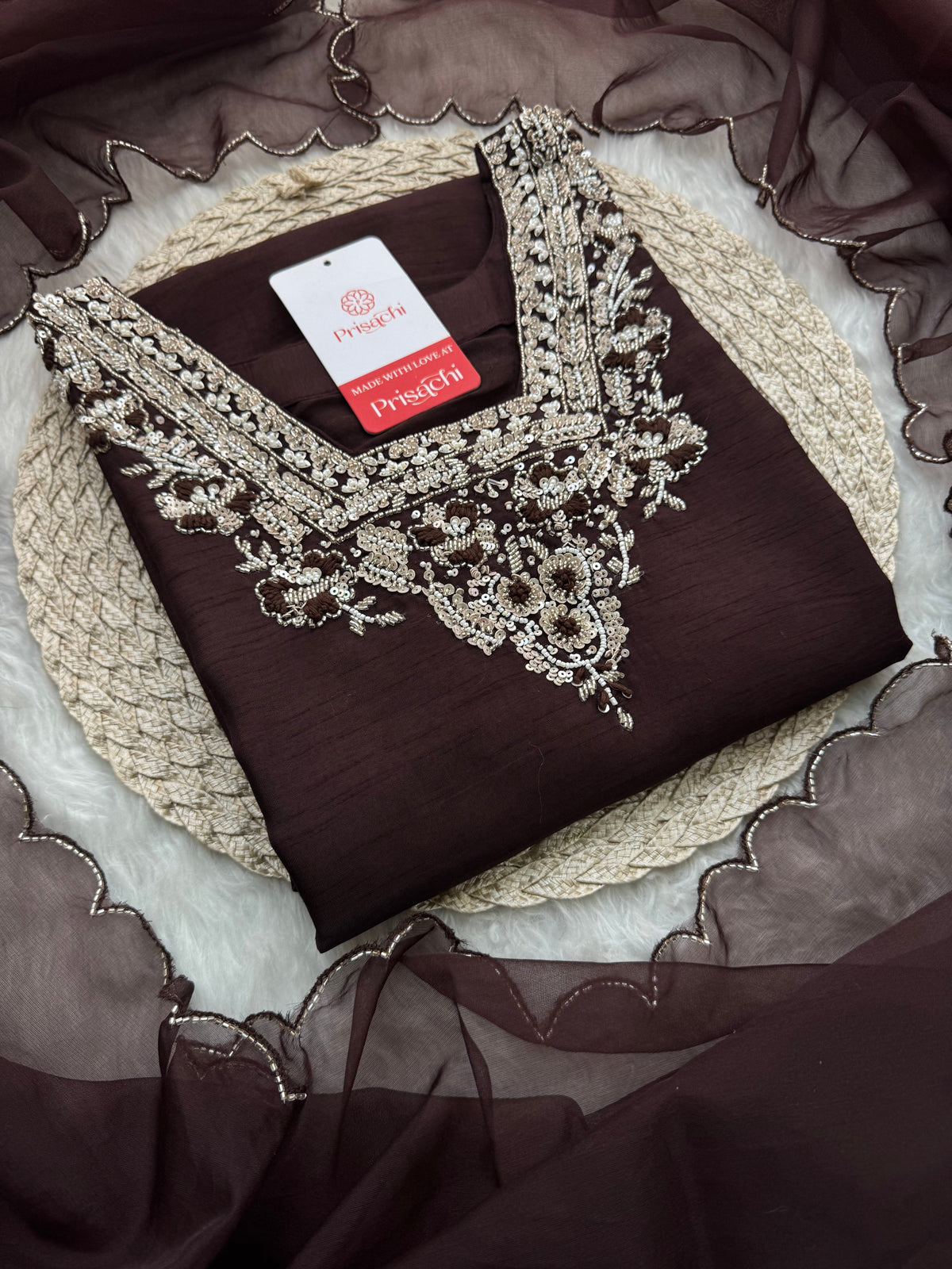 Brown hand embroidered kurta pant with dupatta