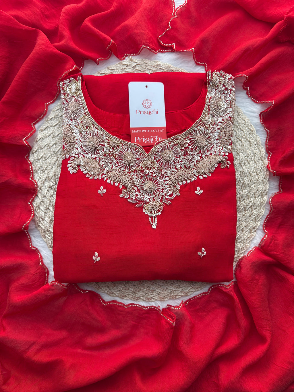 Red Embroidered kurta Pant with dupatta