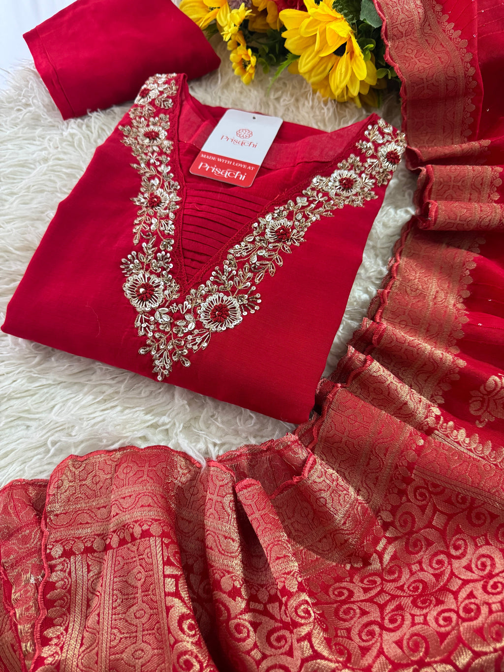 Red hand embroidered kurta pant with dupatta