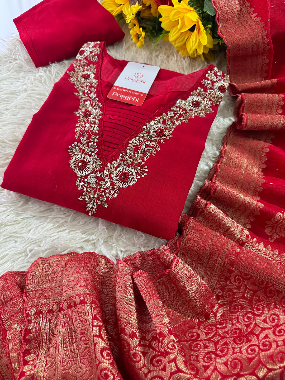 Red hand embroidered kurta pant with dupatta
