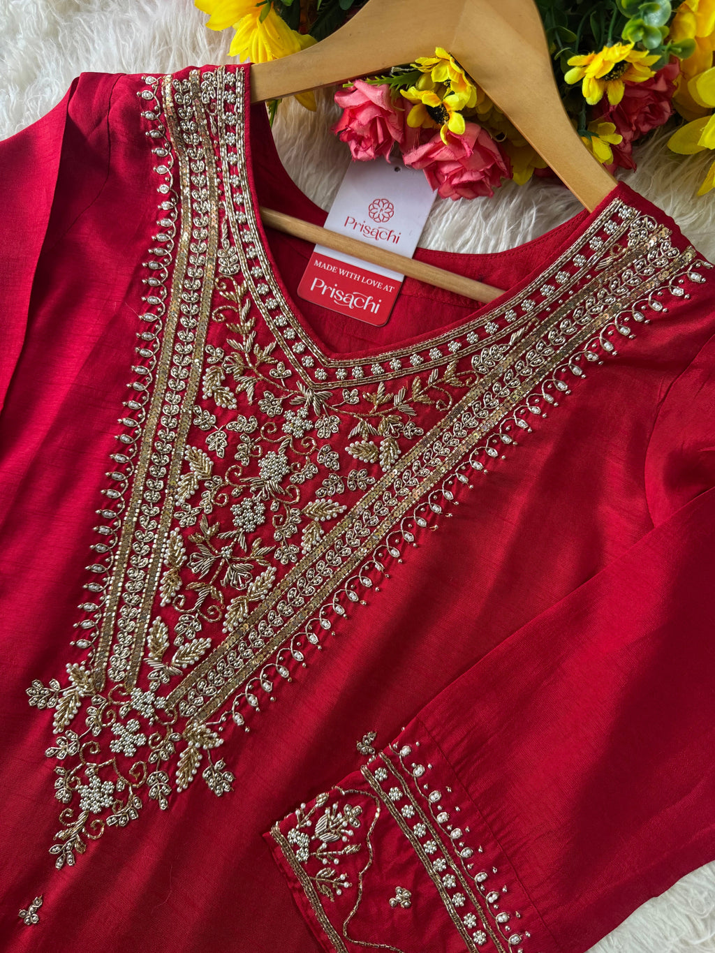 Red Embroidered kurta Pant  with dupatta