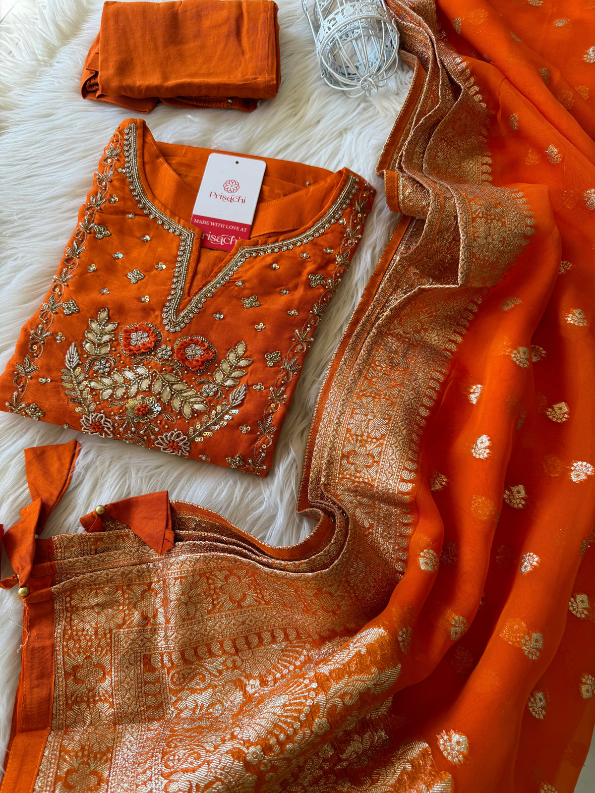 Orange Embroidered Kurta bottom With Dupatta