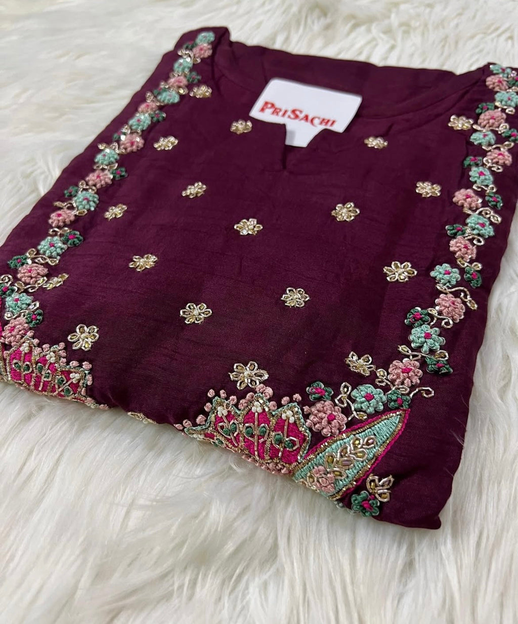 Wine embroidered chanderi silk kurta set with dupatta