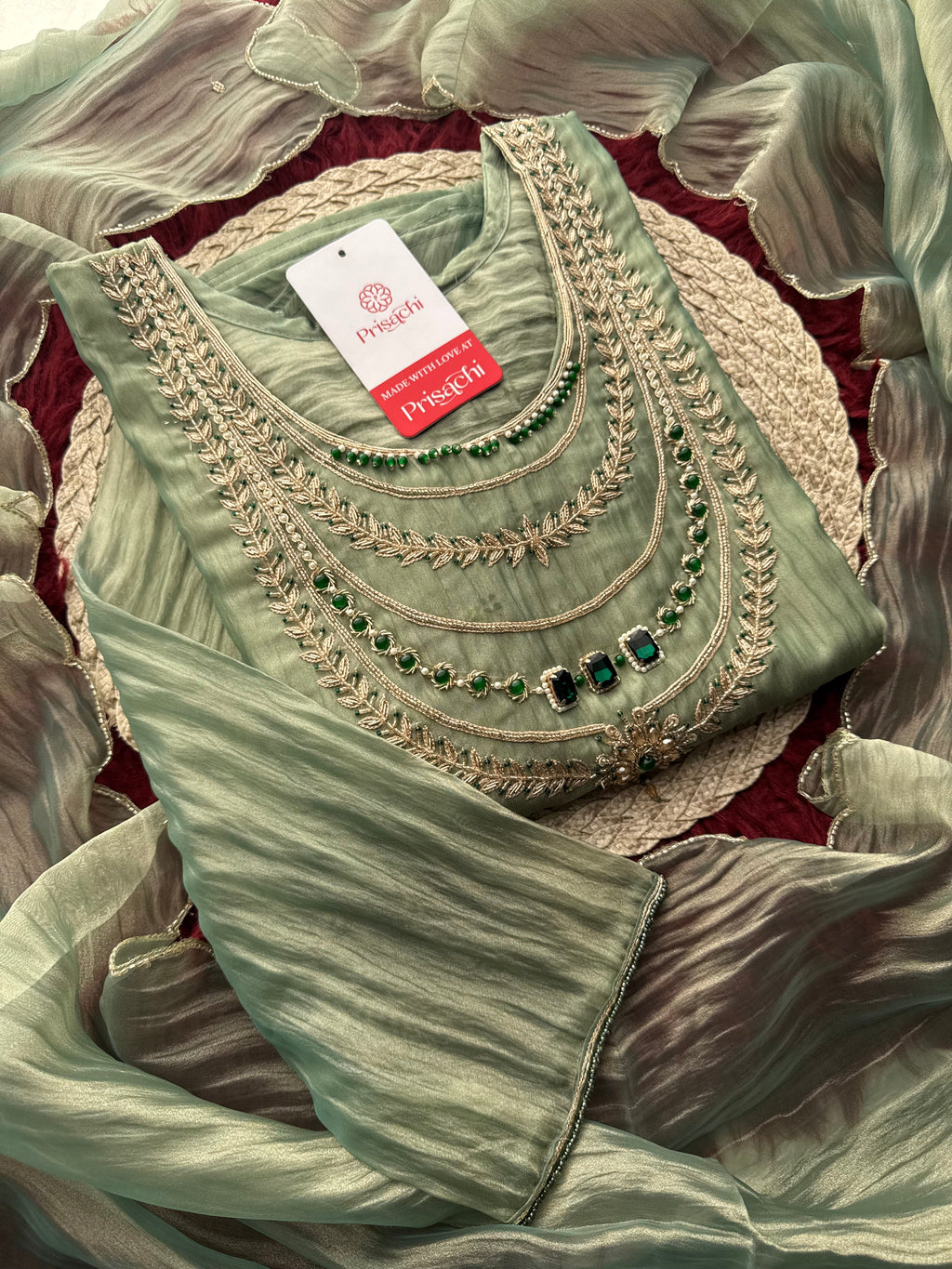 Green Zardozi Embroidered Ethnic A-Line Kurta Set for Women with Pants & Dupatta