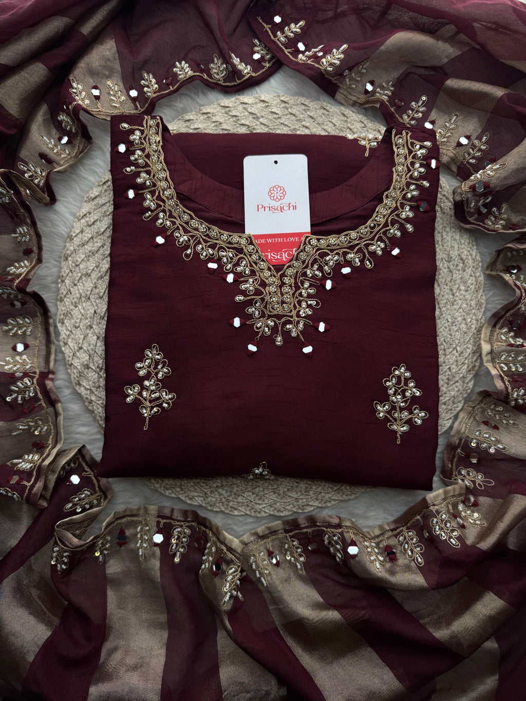Brown hand embroidered kurta pant with dupatta