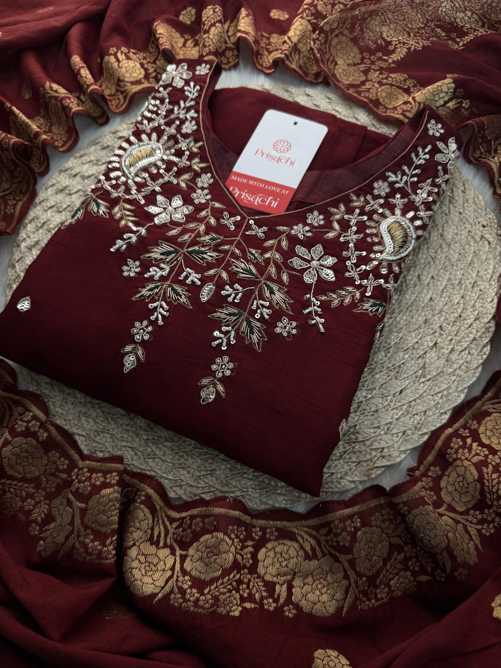 Brown hand embroidered kurta pant with dupatta with Pockets