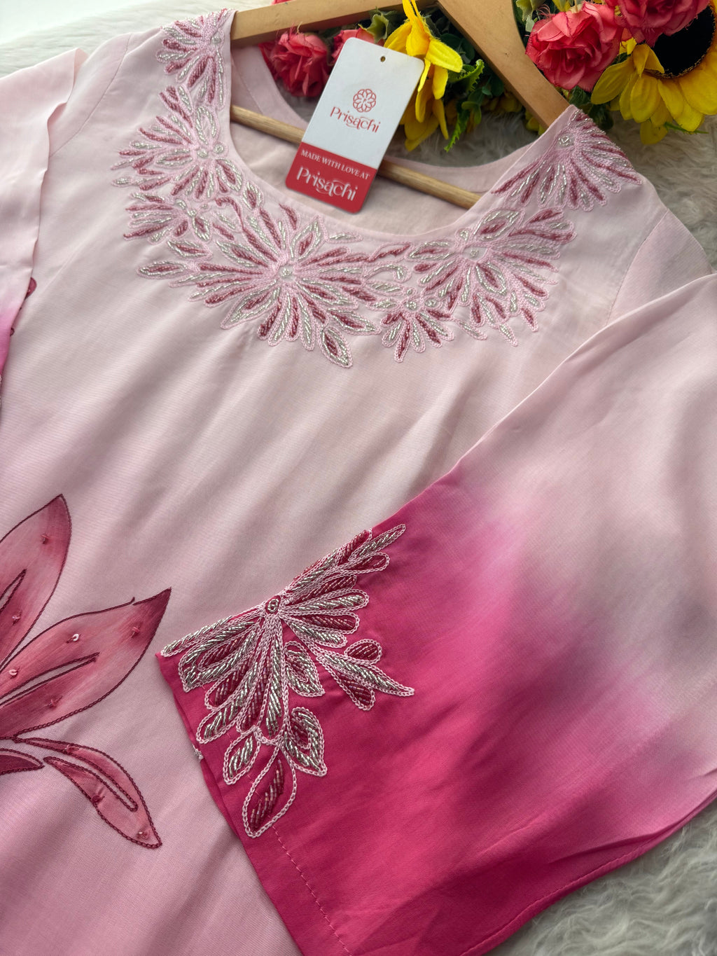 Baby Pink floral embroidered kurta set with dupatta and pant