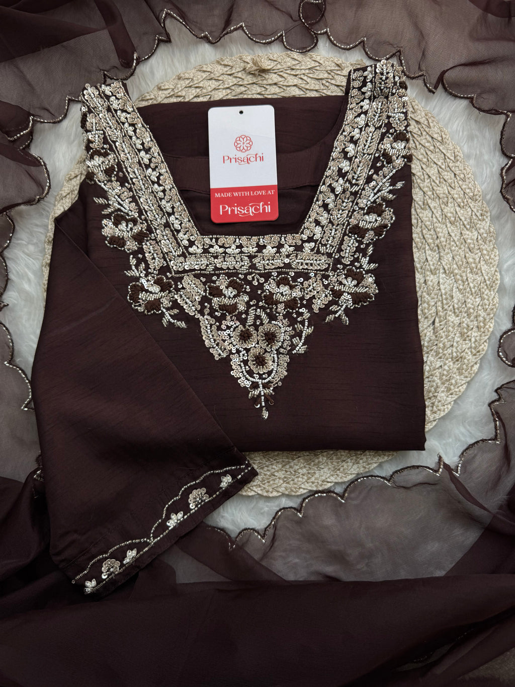 Brown hand embroidered kurta pant with dupatta