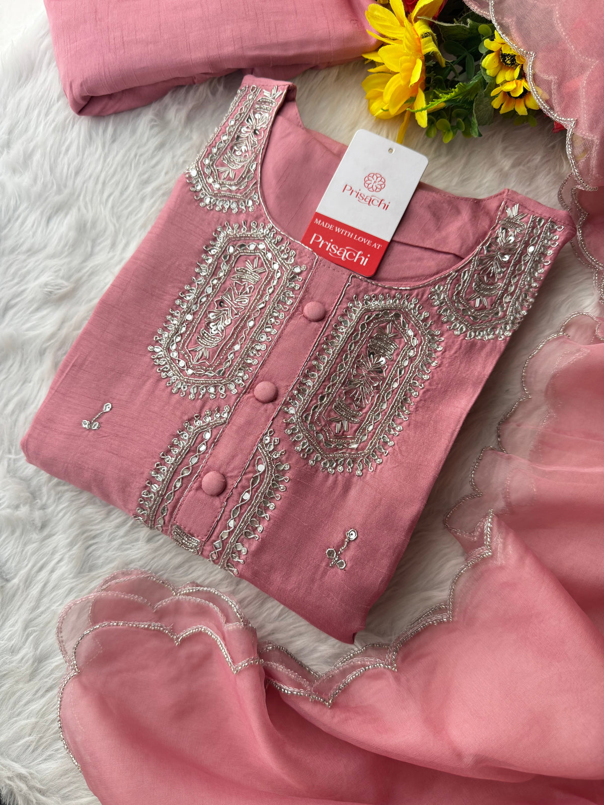 Pink embroidered kurta set with dupatta