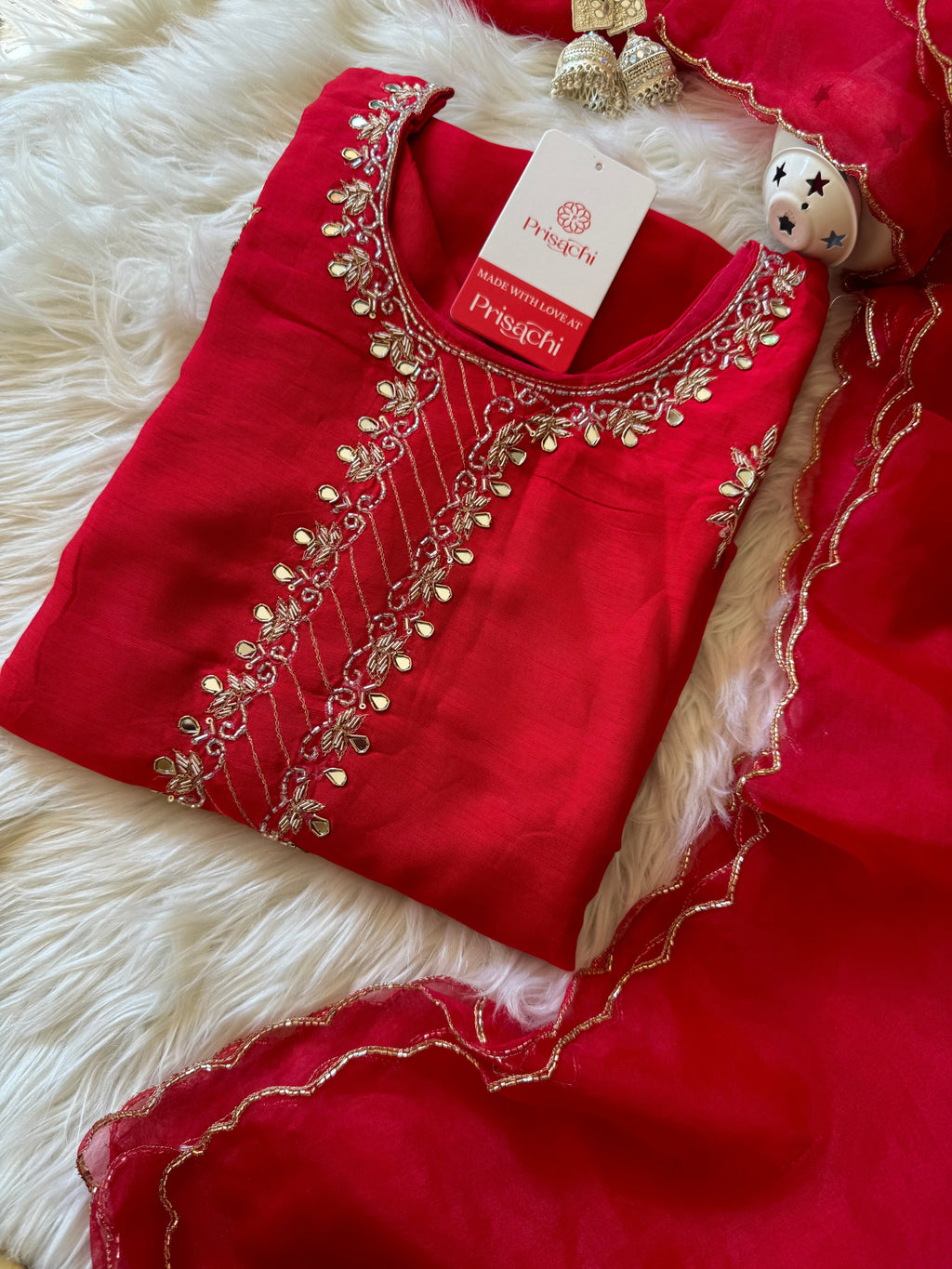 Women’s Mirror Work & Zardozi Embroidered Kurta Set with Dupatta & Pants