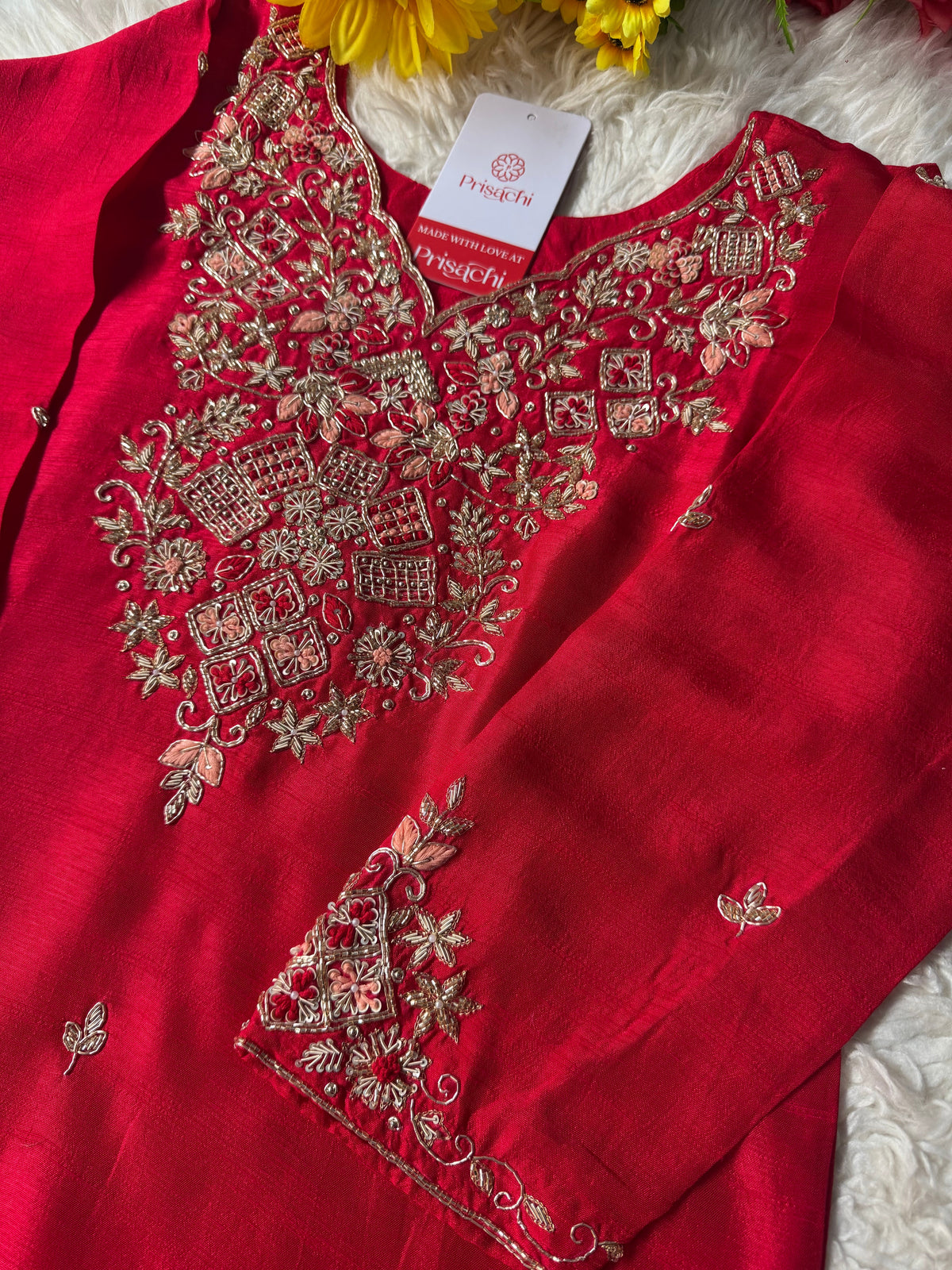 Red Embroidered kurta set with dupatta