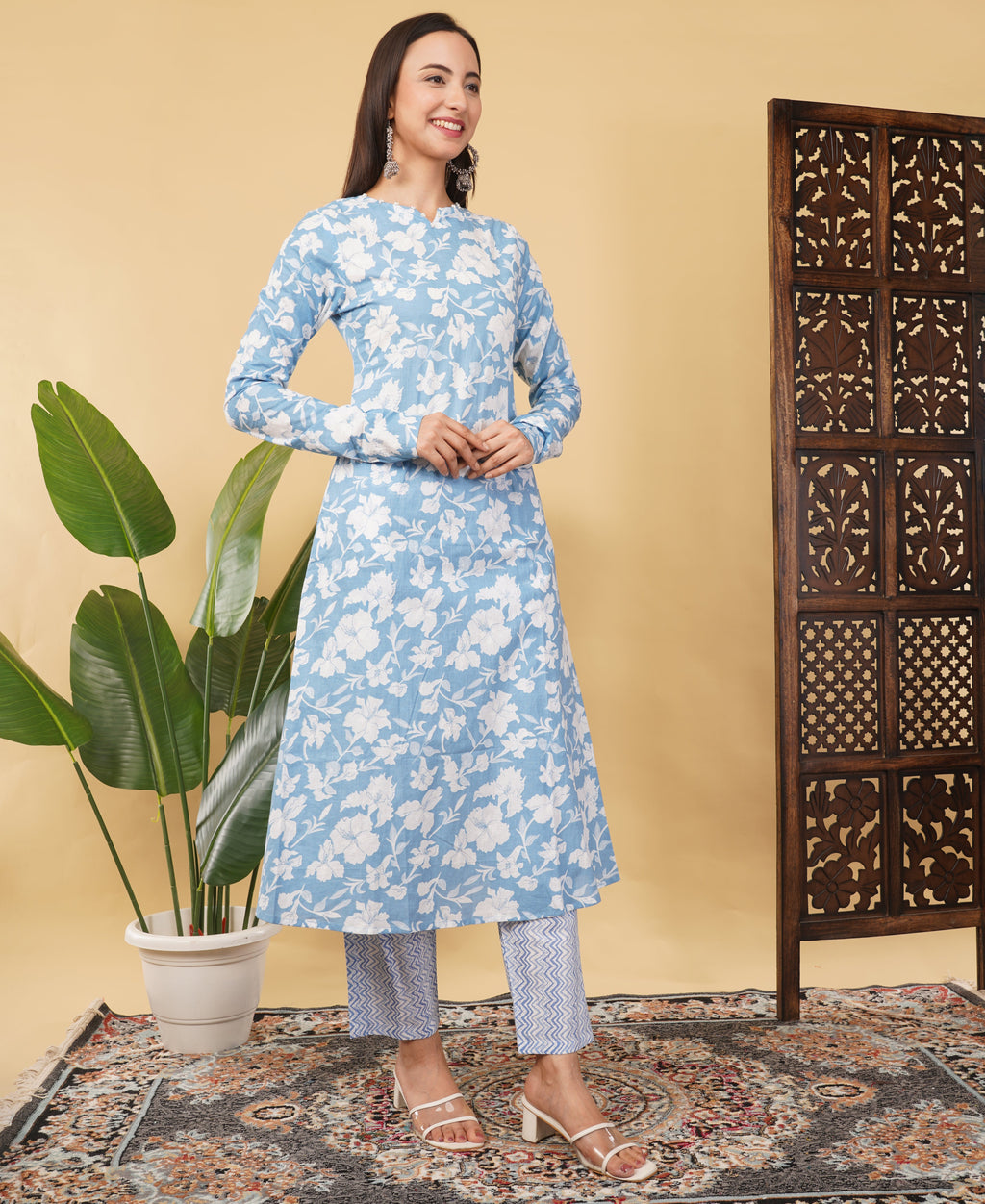 Cotton  A-line Kurti with pockets, comfy pant, and dupatta
