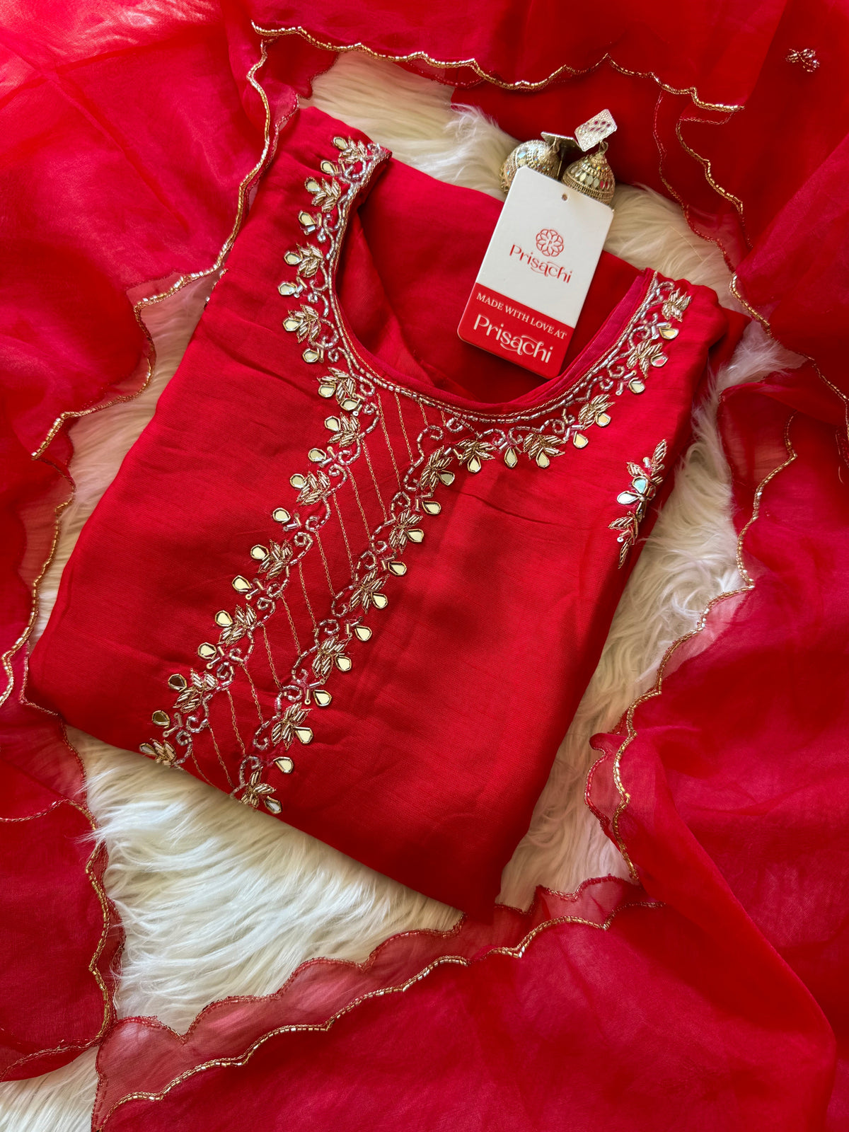 Women’s Mirror Work & Zardozi Embroidered Kurta Set with Dupatta & Pants