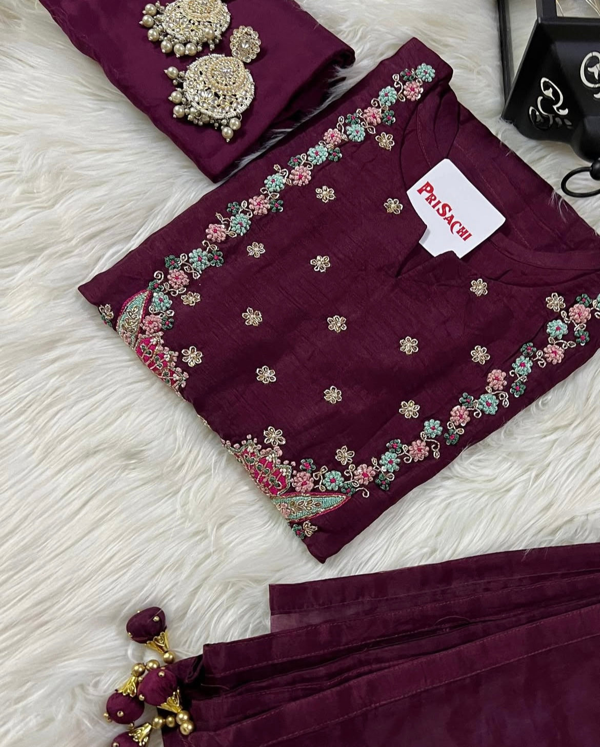 Wine embroidered chanderi silk kurta set with dupatta