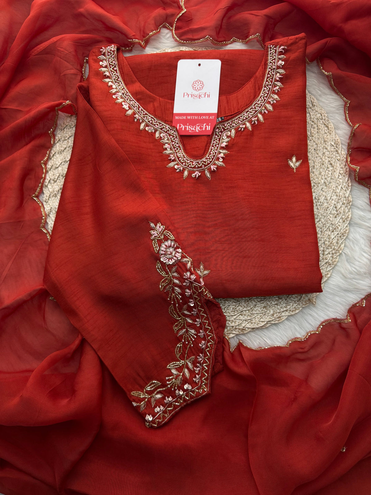 Orange Designer Embroidered Kurta Set with Pants & Dupatta Ethnic Wear