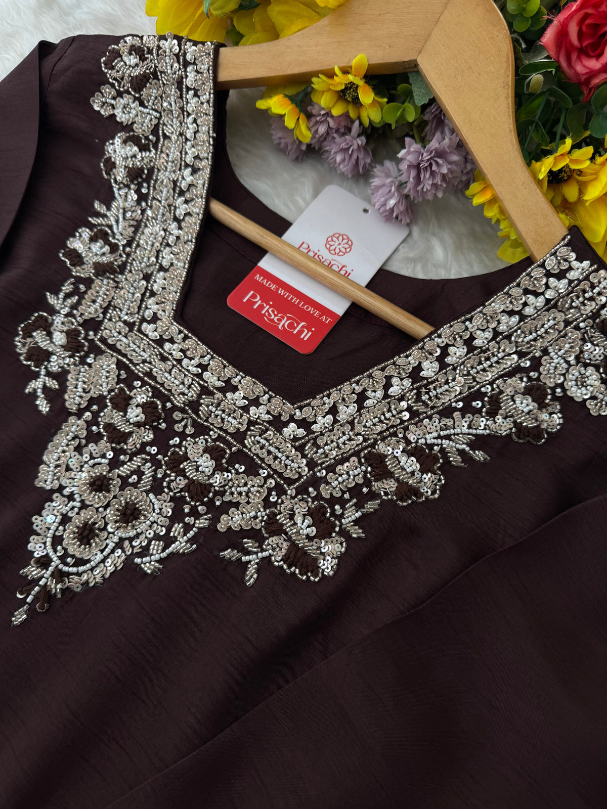 Brown hand embroidered kurta pant with dupatta