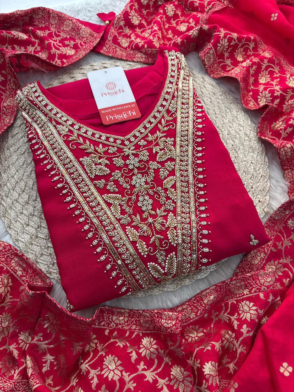Red Embroidered kurta Pant  with dupatta