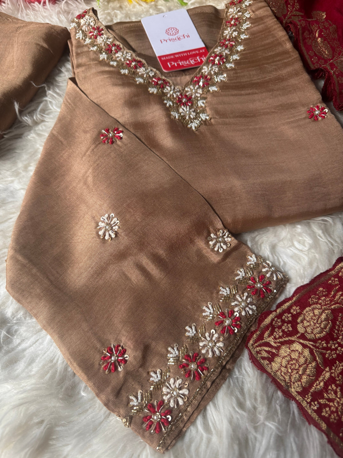 Brown Designer Kurti pant  with Banarasi Duptta