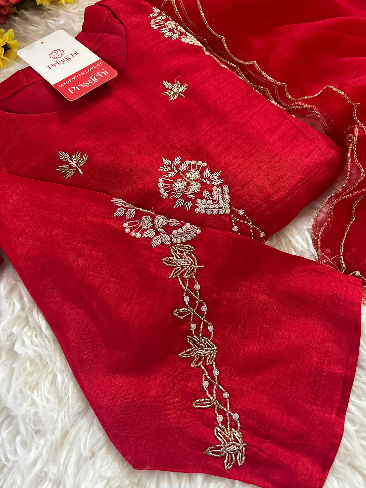 Red Designer Embroidered kurta set with dupatta