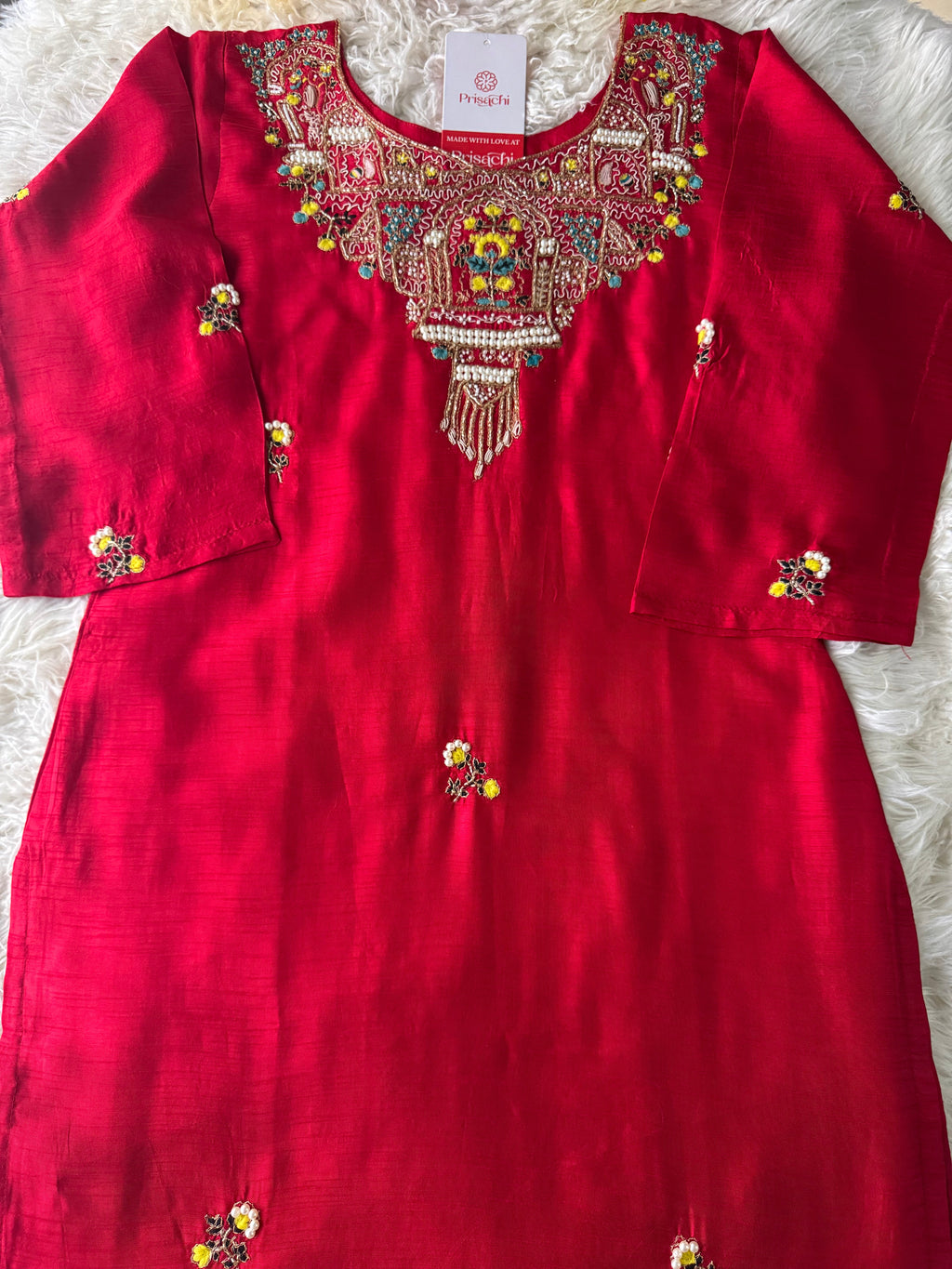 Red embroidered kurta set with dupatta