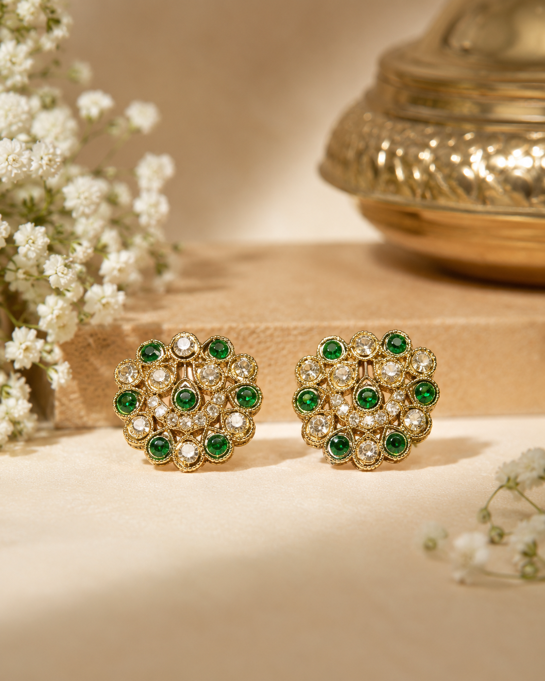 Traditional Green & White Kundan Stud Earrings for Women