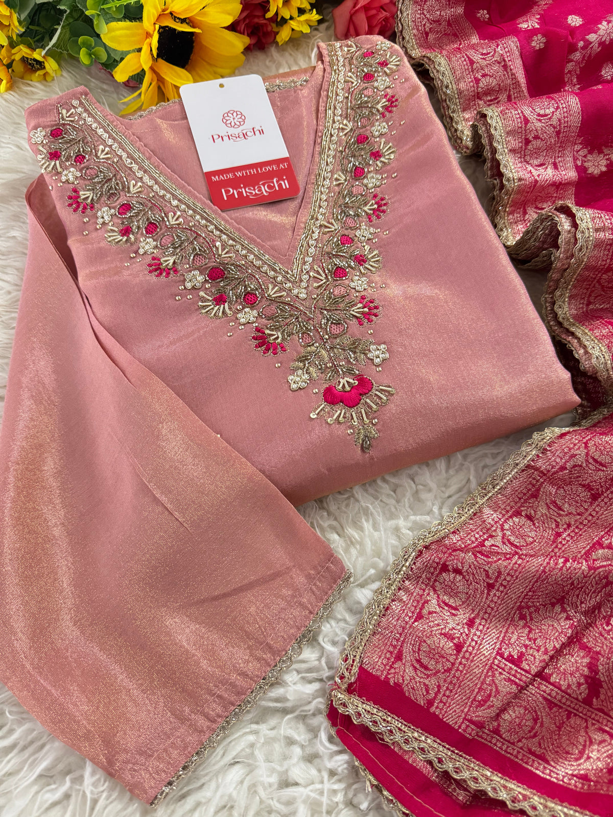 Pink embroidered kurta set with dupatta