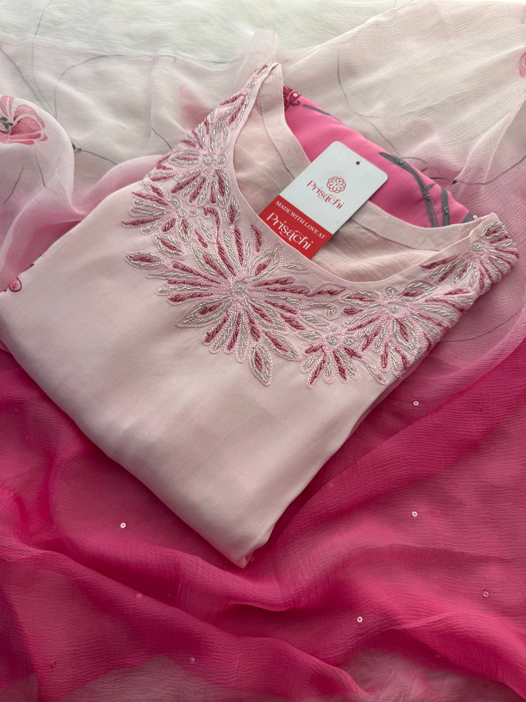 Baby Pink floral embroidered kurta set with dupatta and pant