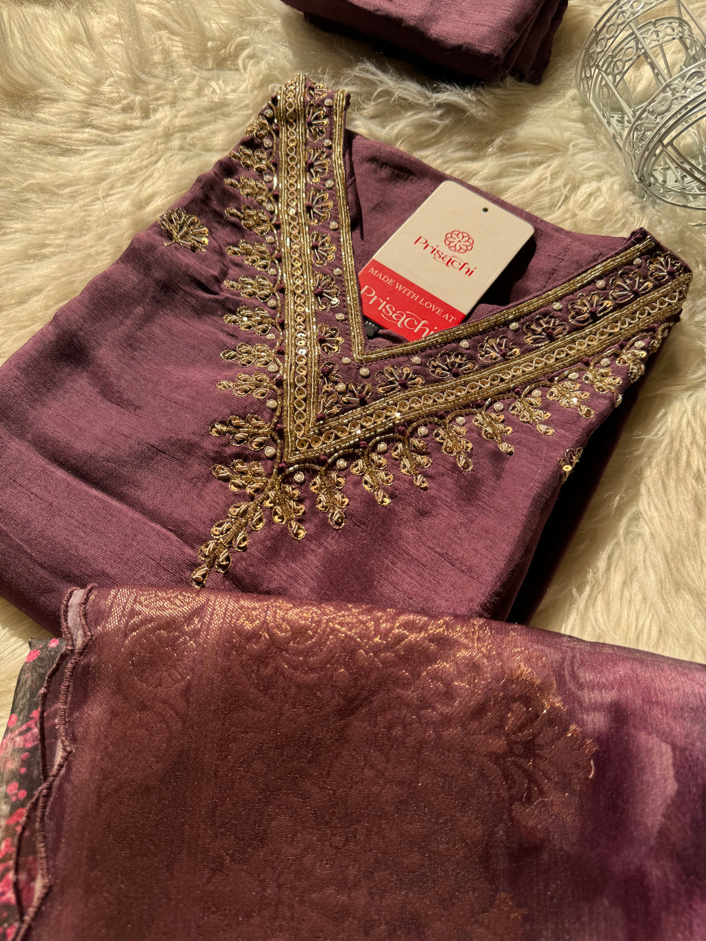 Purple hand embroidered kurta set with dupatta