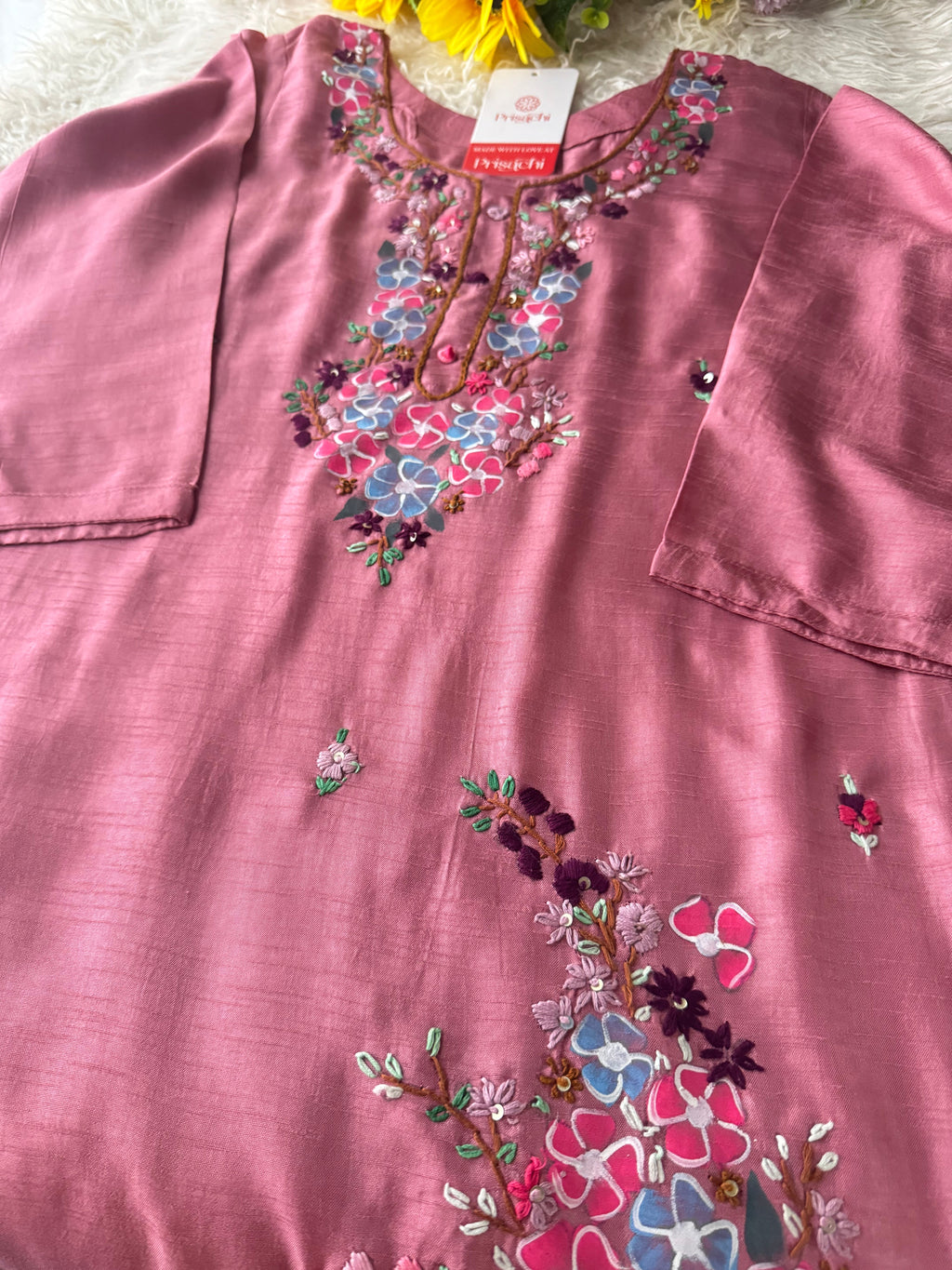 Pink Hand embroidered kurta set with dupatta