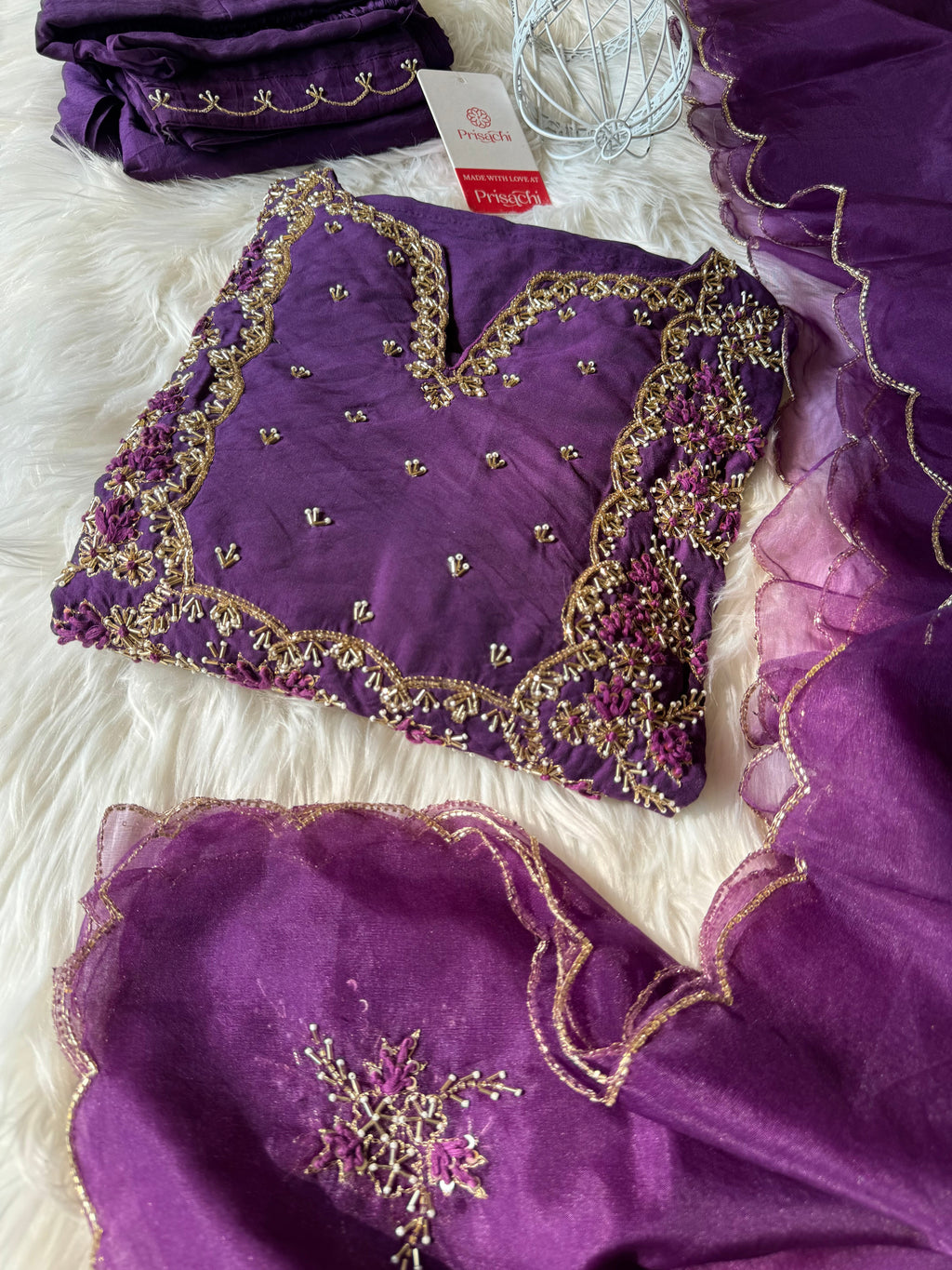 Purple Embroidered kurta Pant  with dupatta with Zardosi work