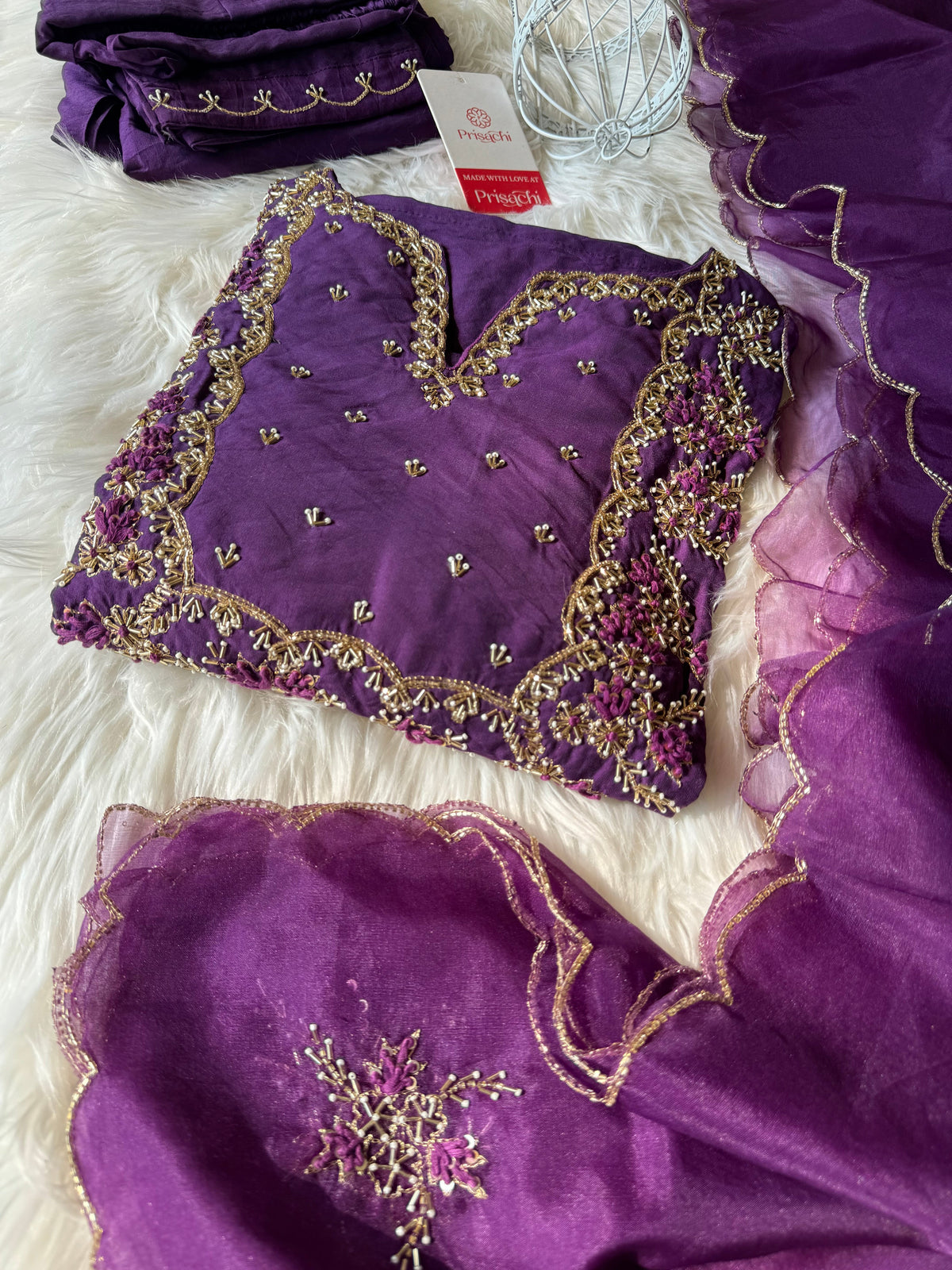 Purple Embroidered kurta Pant  with dupatta with Zardosi work