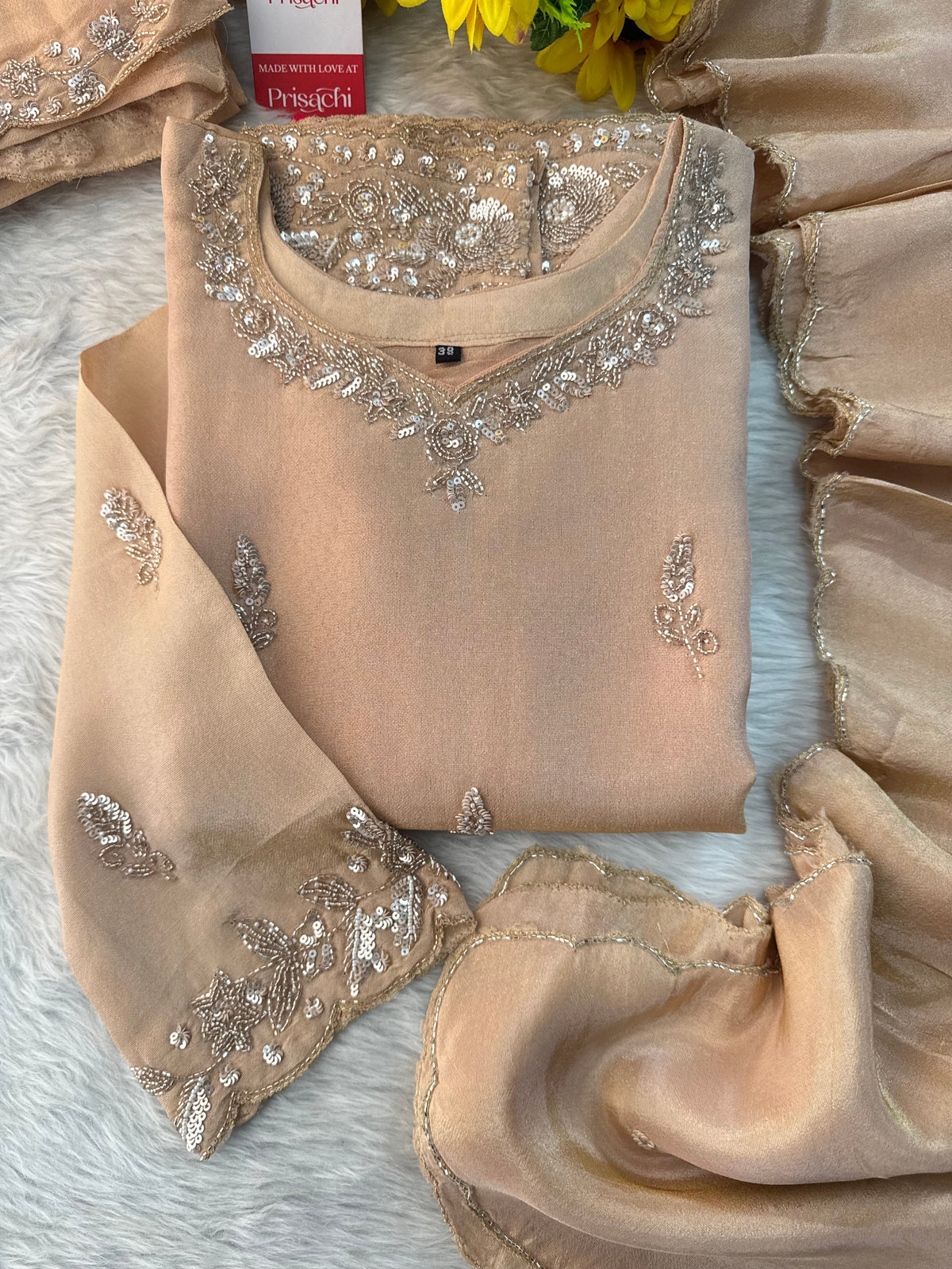 Beige Kurta Set for Women with Pants and Dupatta