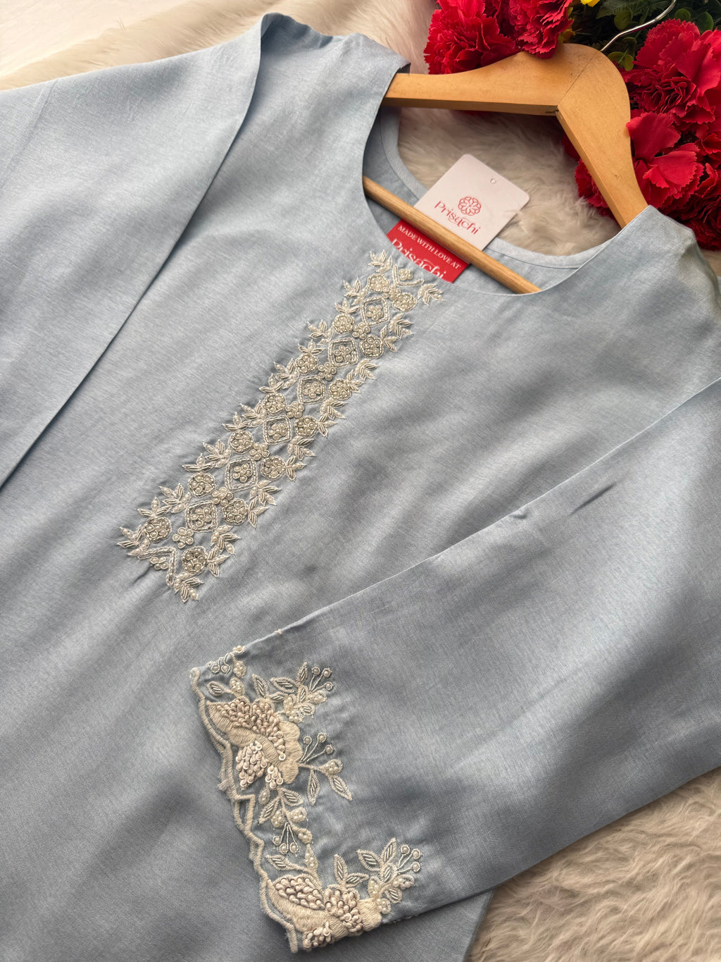 Ombre Sky Blue Thread Embroidered Ethnic Kurta Set for Women with Pants & Dupatta