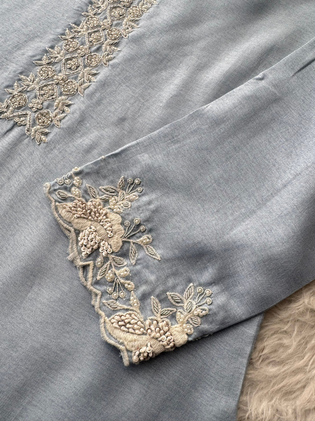 Ombre Sky Blue Thread Embroidered Ethnic Kurta Set for Women with Pants & Dupatta