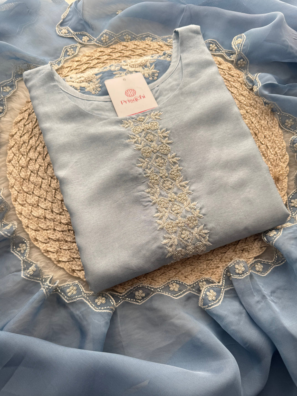 Ombre Sky Blue Thread Embroidered Ethnic Kurta Set for Women with Pants & Dupatta