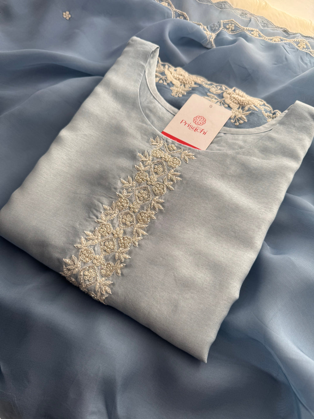Ombre Sky Blue Thread Embroidered Ethnic Kurta Set for Women with Pants & Dupatta