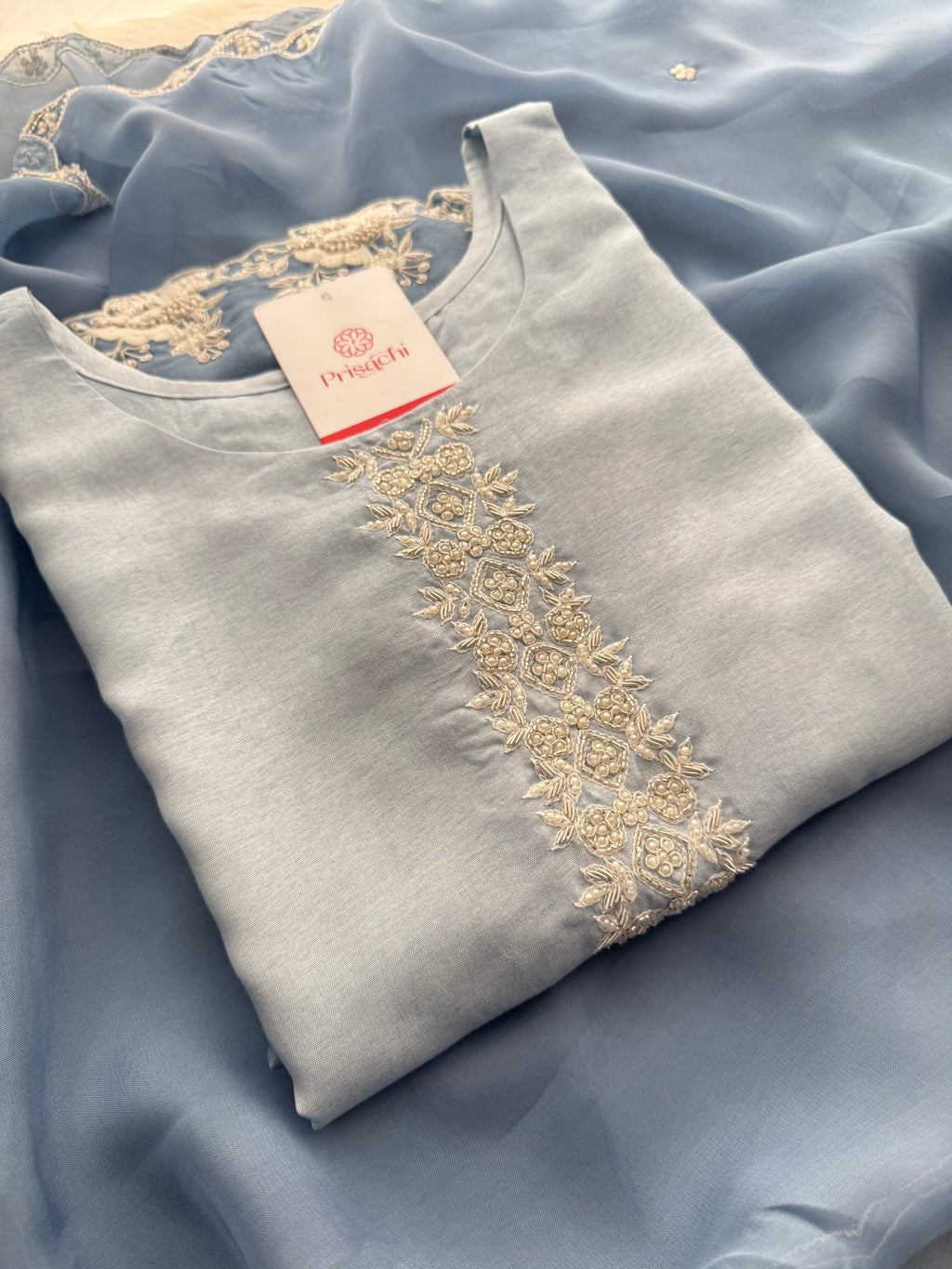 Ombre Sky Blue Thread Embroidered Ethnic Kurta Set for Women with Pants & Dupatta