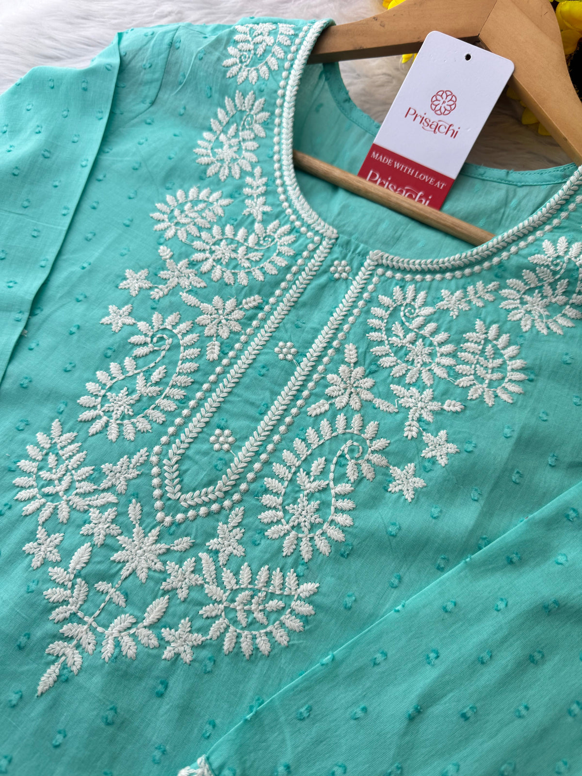 Aqua Blue Short Straight Thread Embroidered Kurti for Women