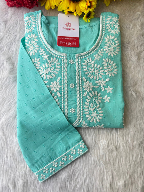Aqua Blue Short Straight Thread Embroidered Kurti for Women