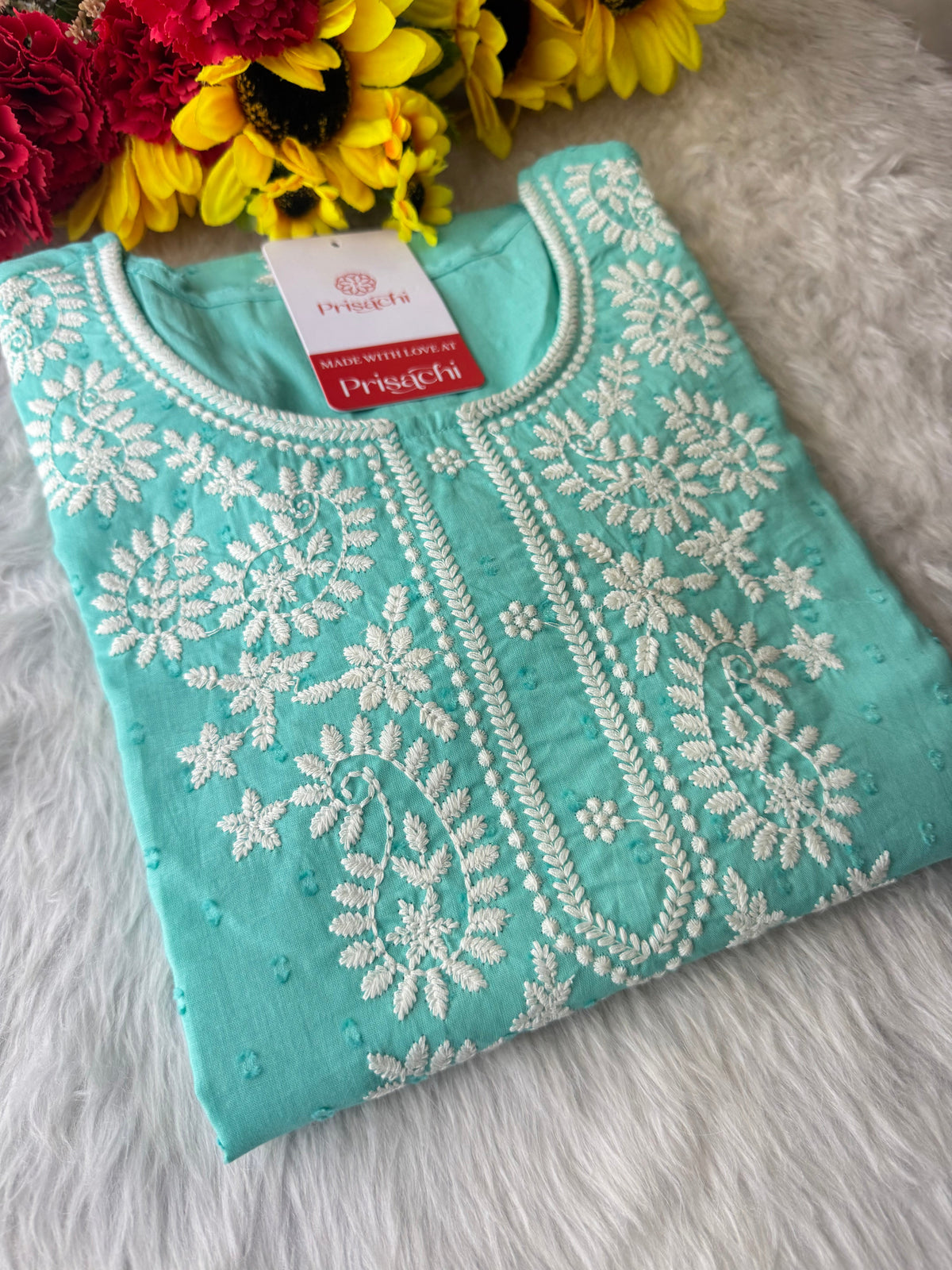 Aqua Blue Short Straight Thread Embroidered Kurti for Women