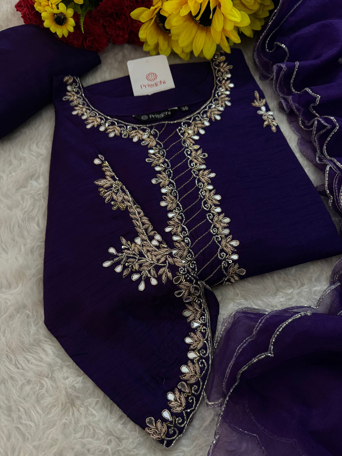Women’s Mirror Work & Zardozi Embroidered Kurta Set with Dupatta & Pants
